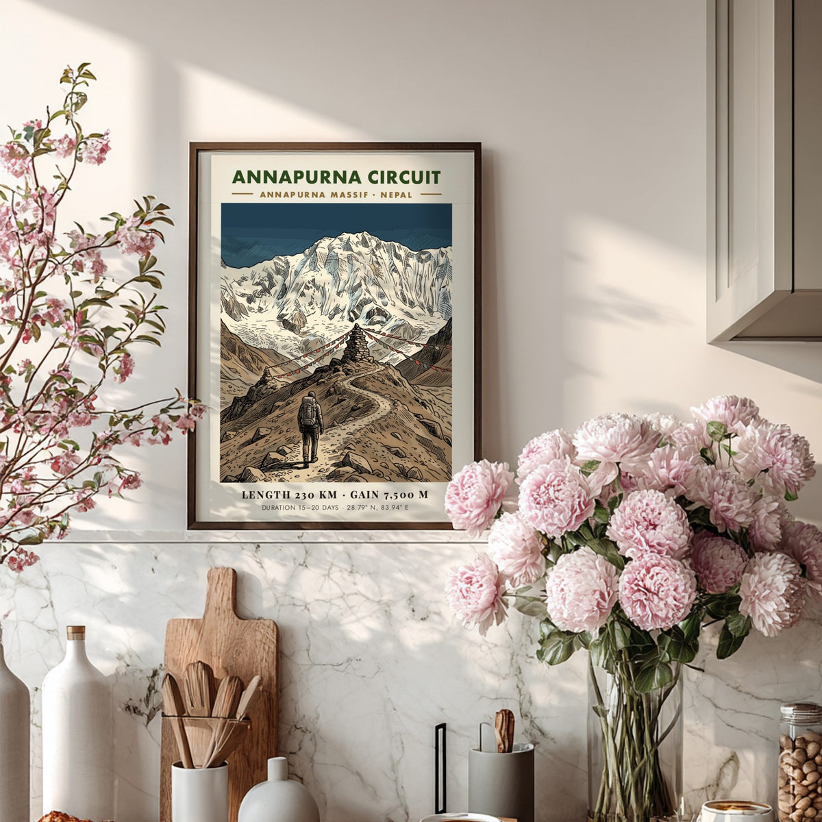 Poster of a hiker on the Annapurna Circuit path leading to snowy mountains