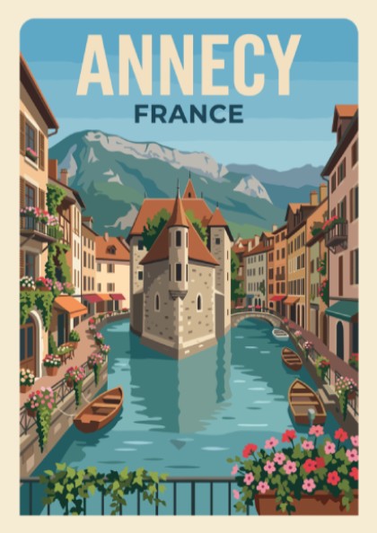Annecy France travel poster featuring a canal, historic buildings, and mountains in vintage style.