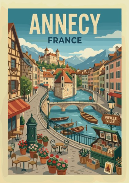 Vintage illustration travel poster of Annecy, France canal with boats and castle.