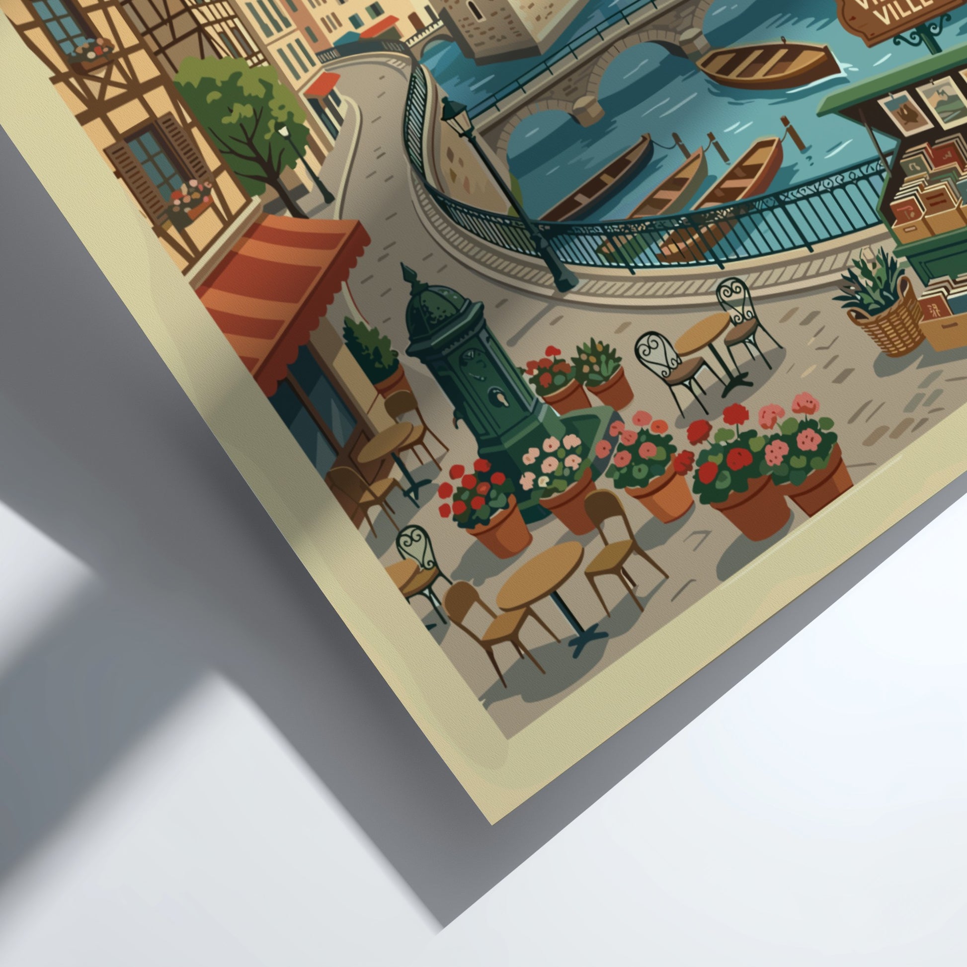 Vintage illustration travel poster of Annecy, France canal with boats and castle.