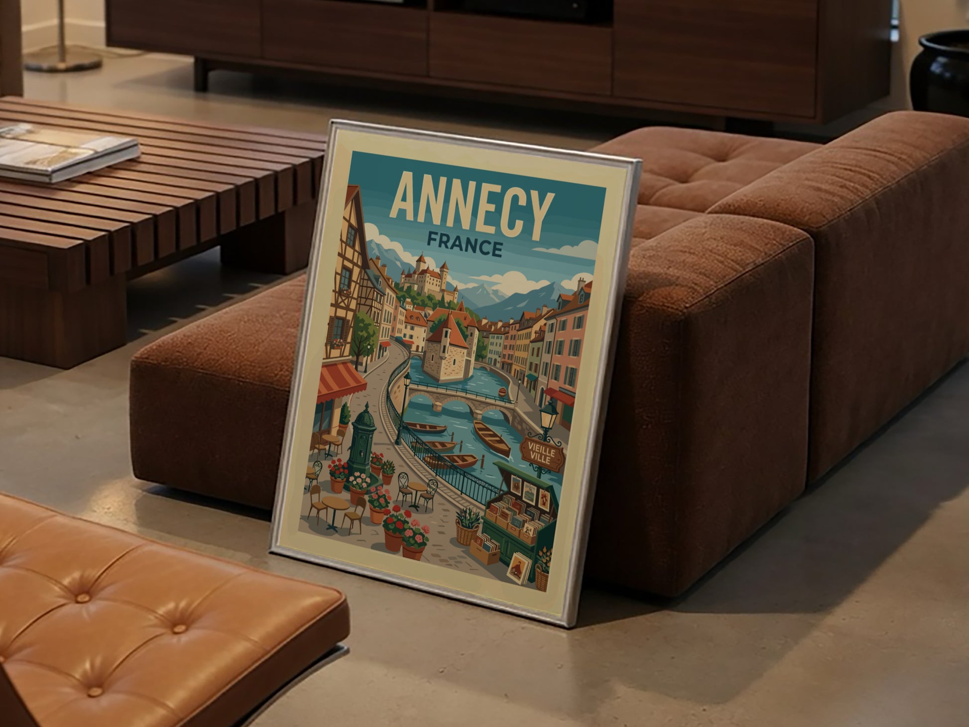 Vintage illustration travel poster of Annecy, France canal with boats and castle.