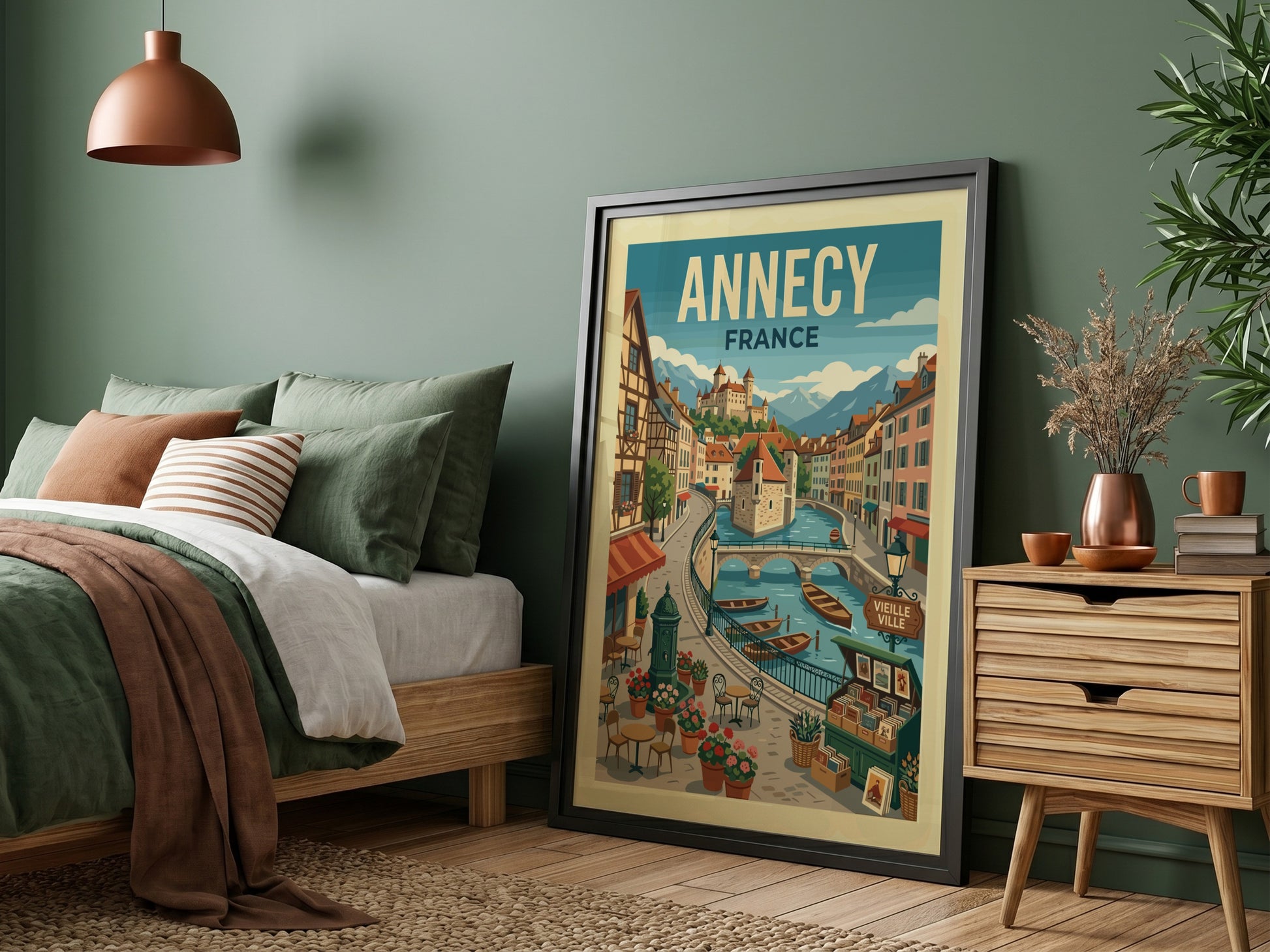 Vintage illustration travel poster of Annecy, France canal with boats and castle.