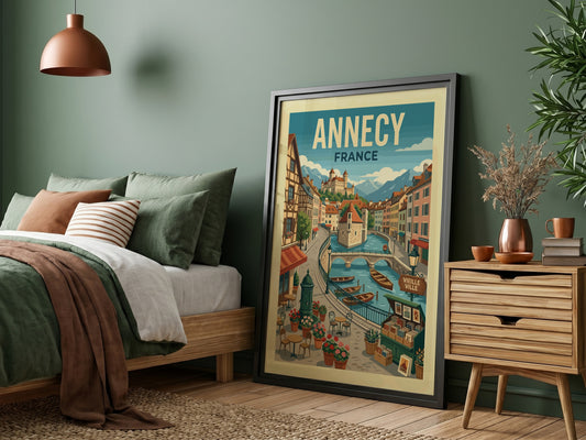 Vintage illustration travel poster of Annecy, France canal with boats and castle.