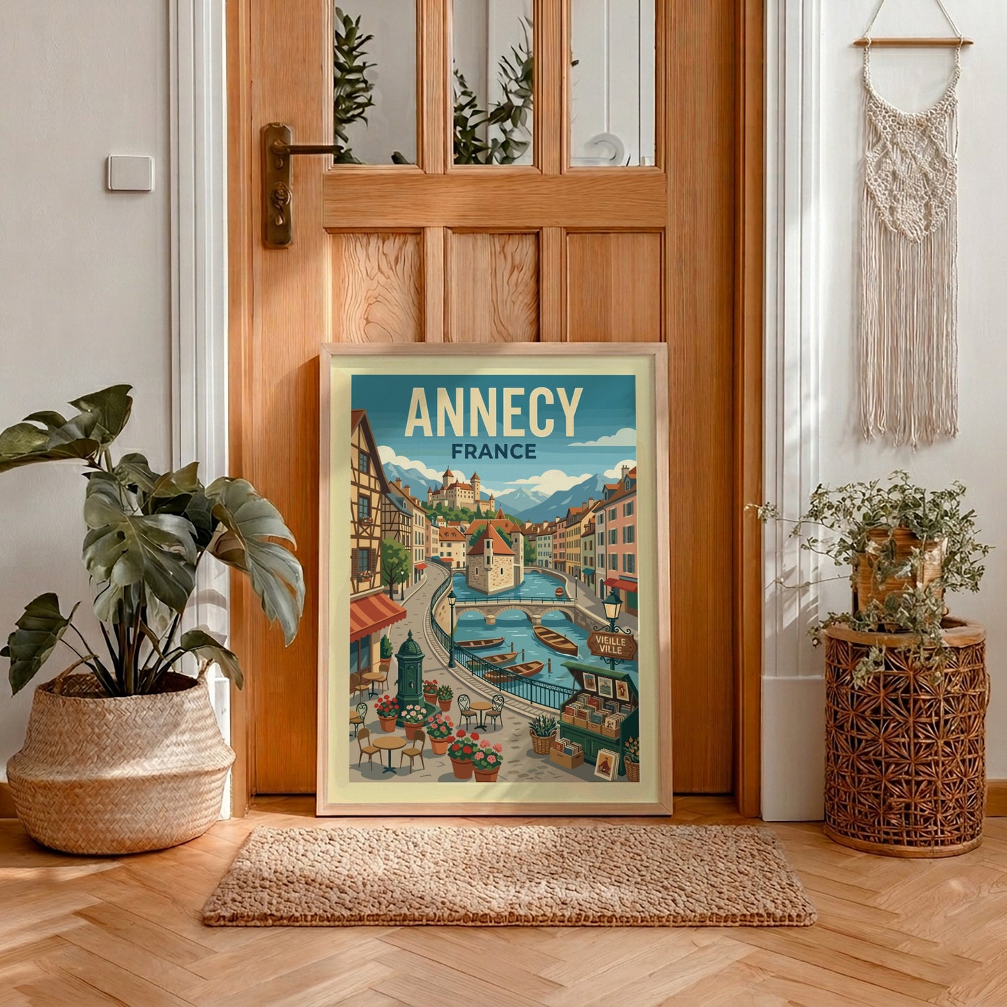 Vintage illustration travel poster of Annecy, France canal with boats and castle.