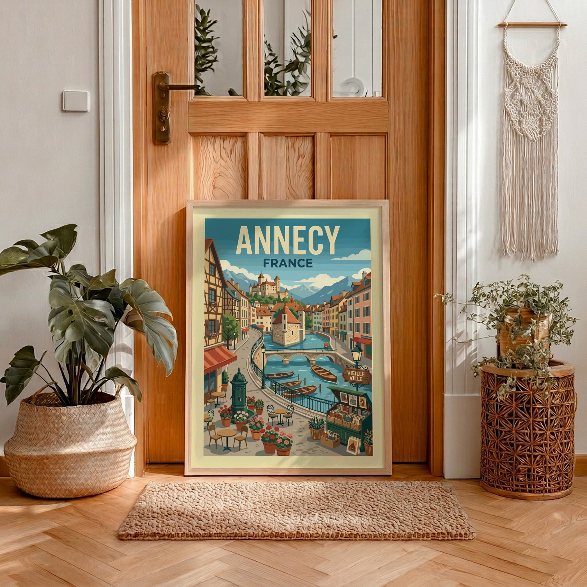 Vintage illustration travel poster of Annecy, France canal with boats and castle.