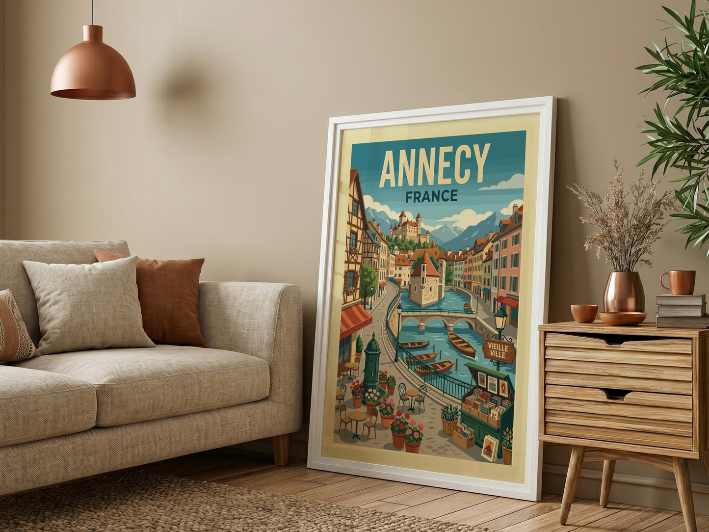 Vintage illustration travel poster of Annecy, France canal with boats and castle.