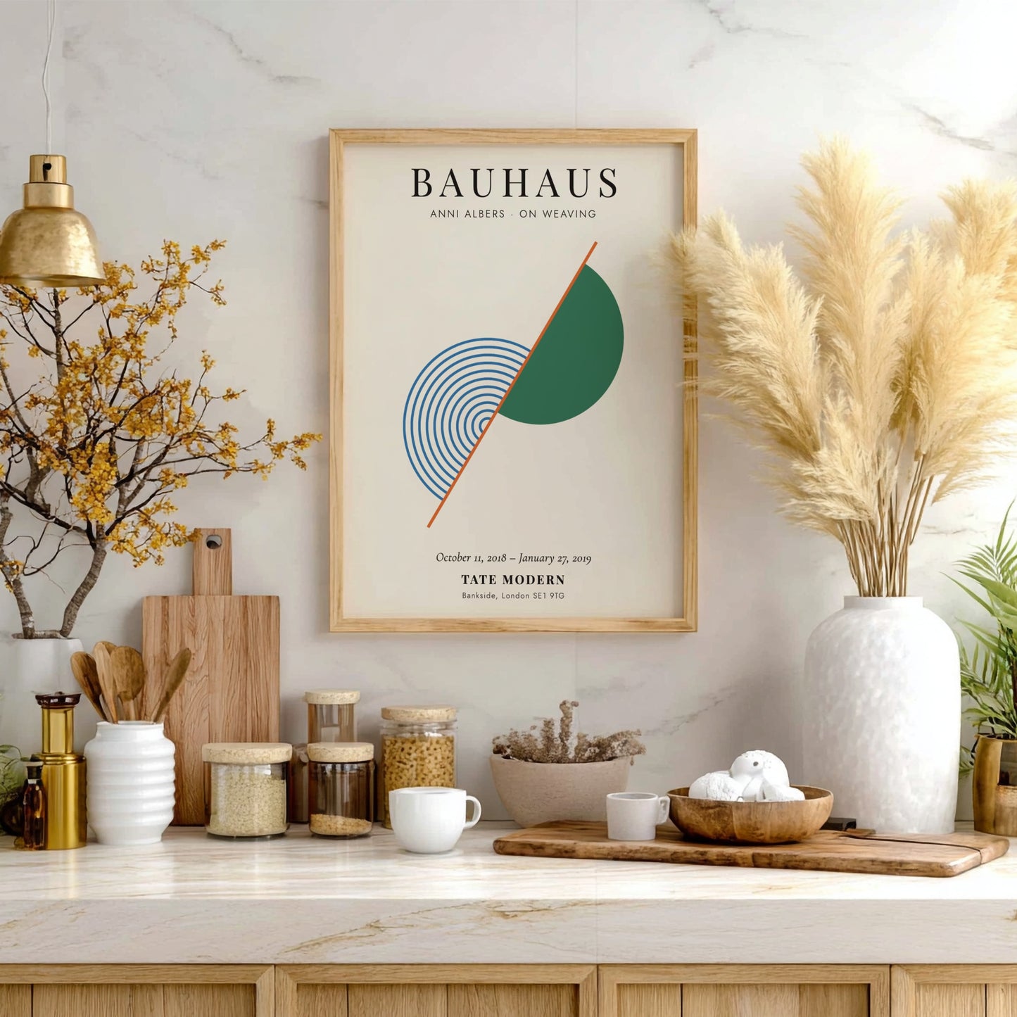 Bauhaus poster featuring Anni Albers' weaving art with geometric shapes and soothing colors.