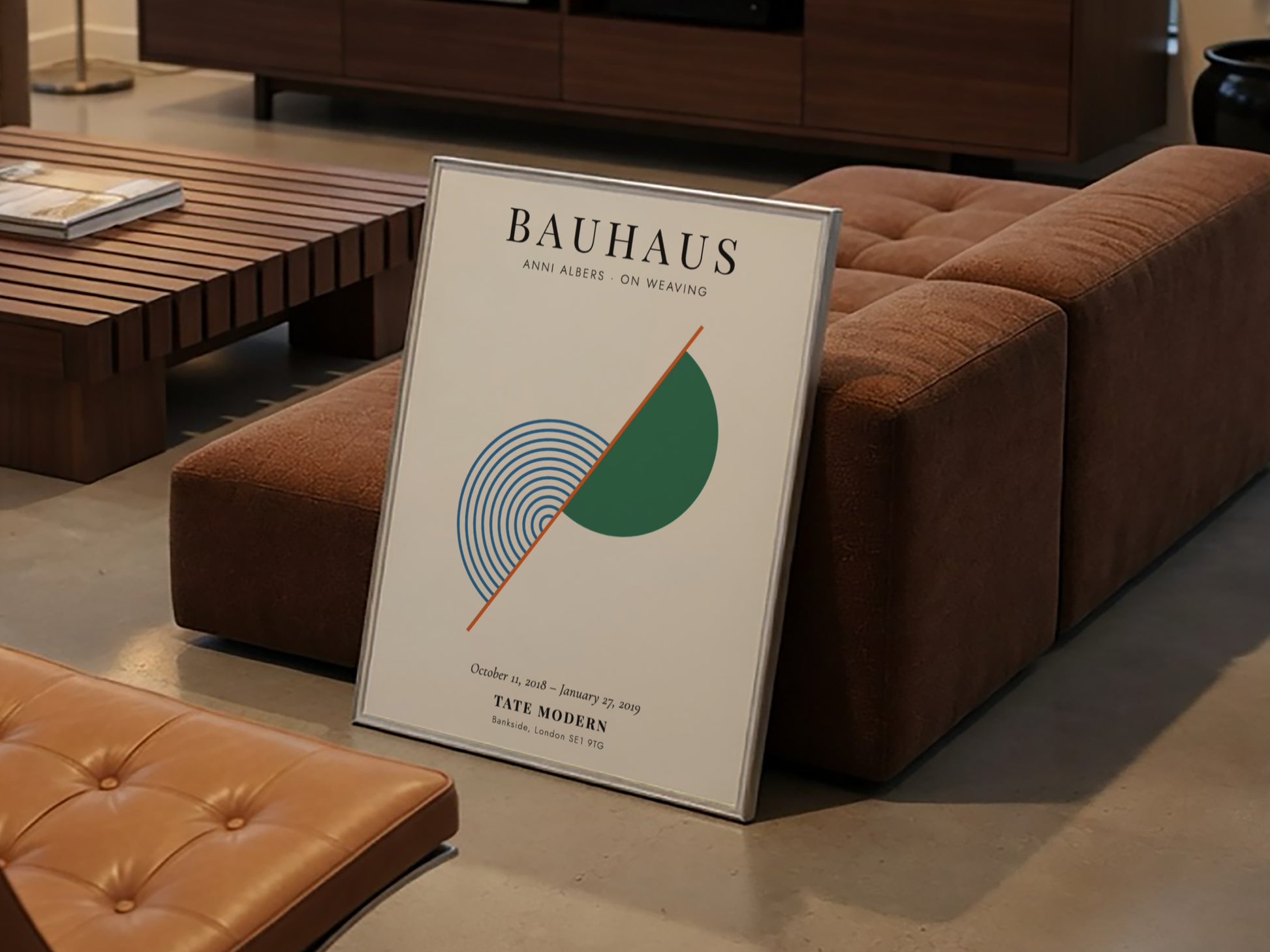 Bauhaus poster featuring Anni Albers' weaving art with geometric shapes and soothing colors.