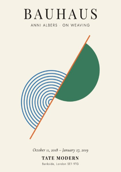 Bauhaus poster featuring Anni Albers' weaving art with geometric shapes and soothing colors.