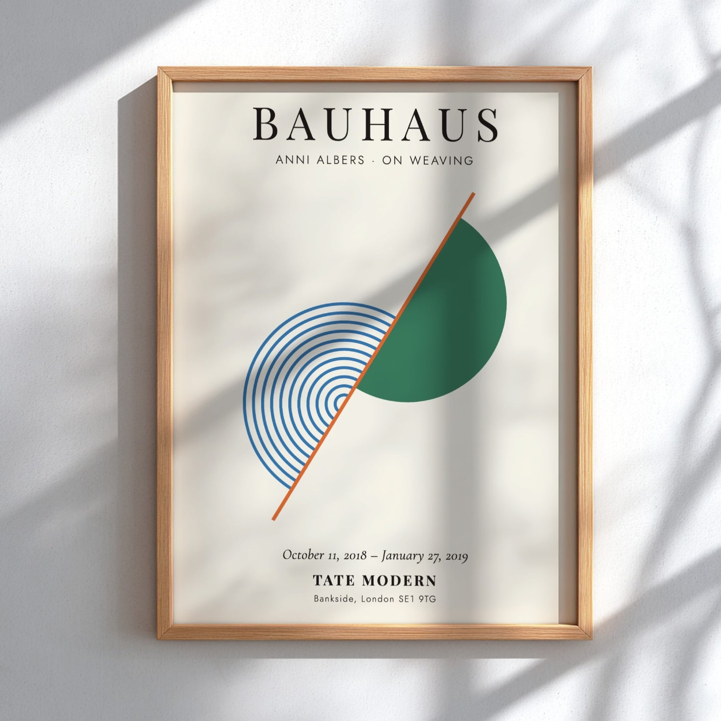 Bauhaus poster featuring Anni Albers' weaving art with geometric shapes and soothing colors.