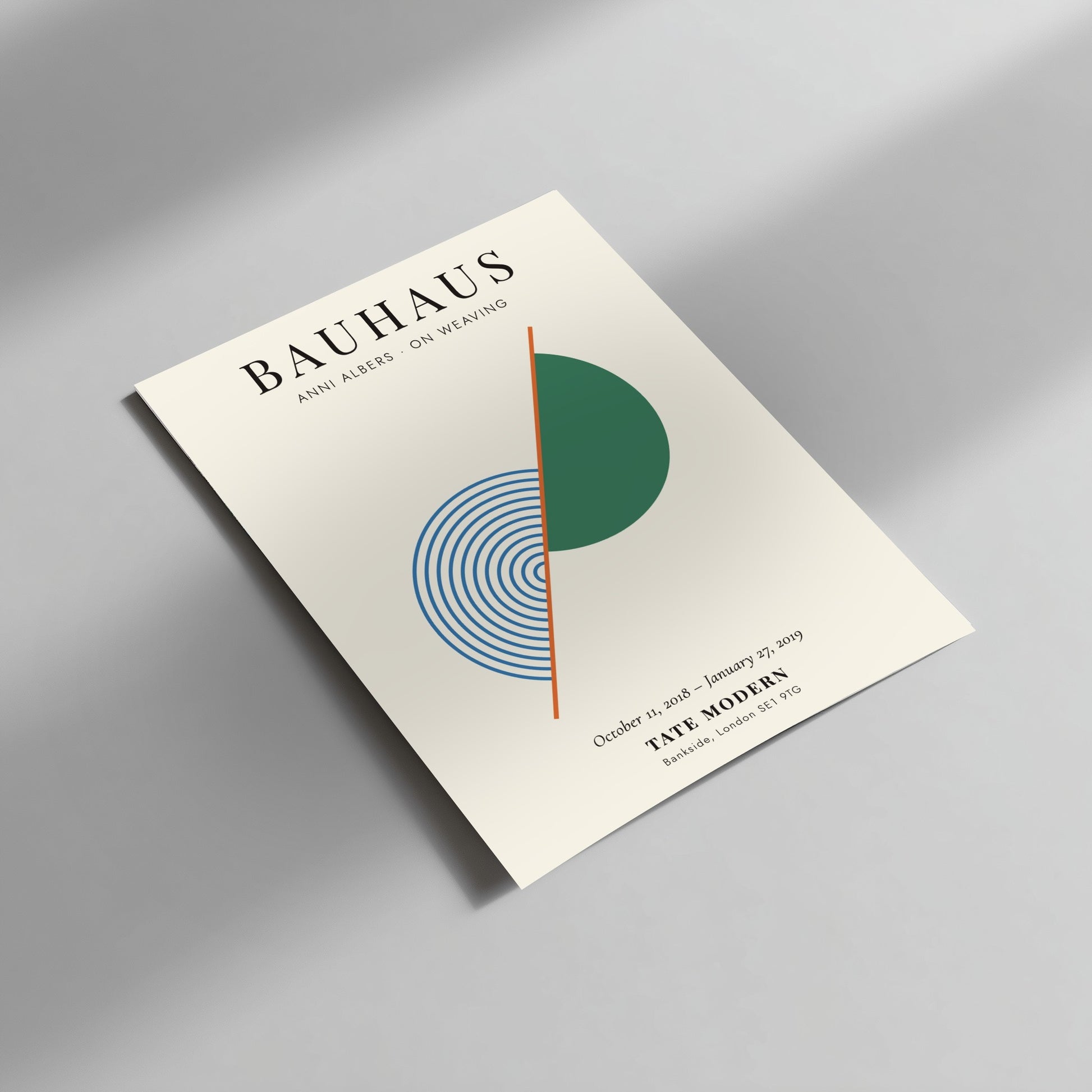 Bauhaus poster featuring Anni Albers' weaving art with geometric shapes and soothing colors.