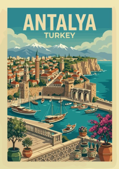 Antalya travel poster featuring a vintage illustration of the city's harbor and coastline.