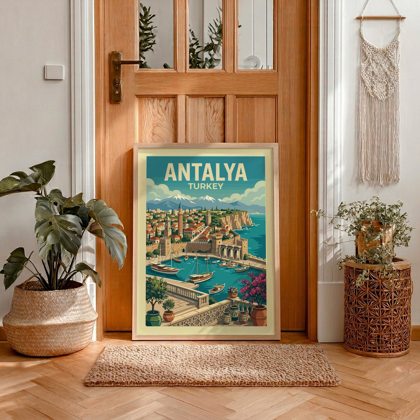 Antalya travel poster featuring a vintage illustration of the city's harbor and coastline.