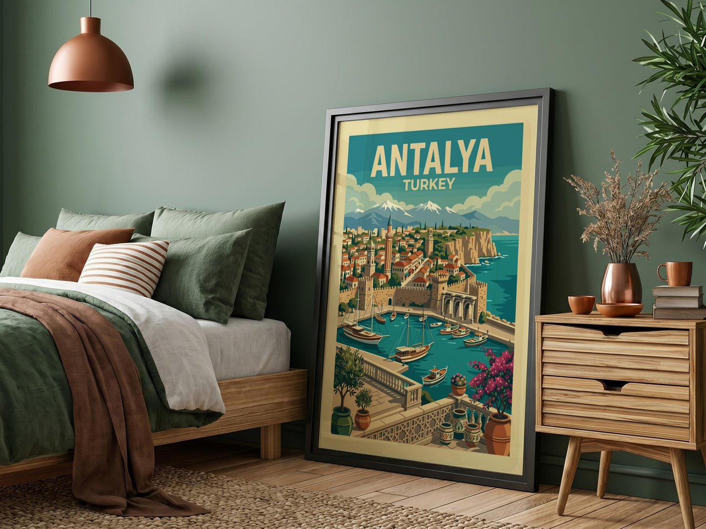 Antalya travel poster featuring a vintage illustration of the city's harbor and coastline.
