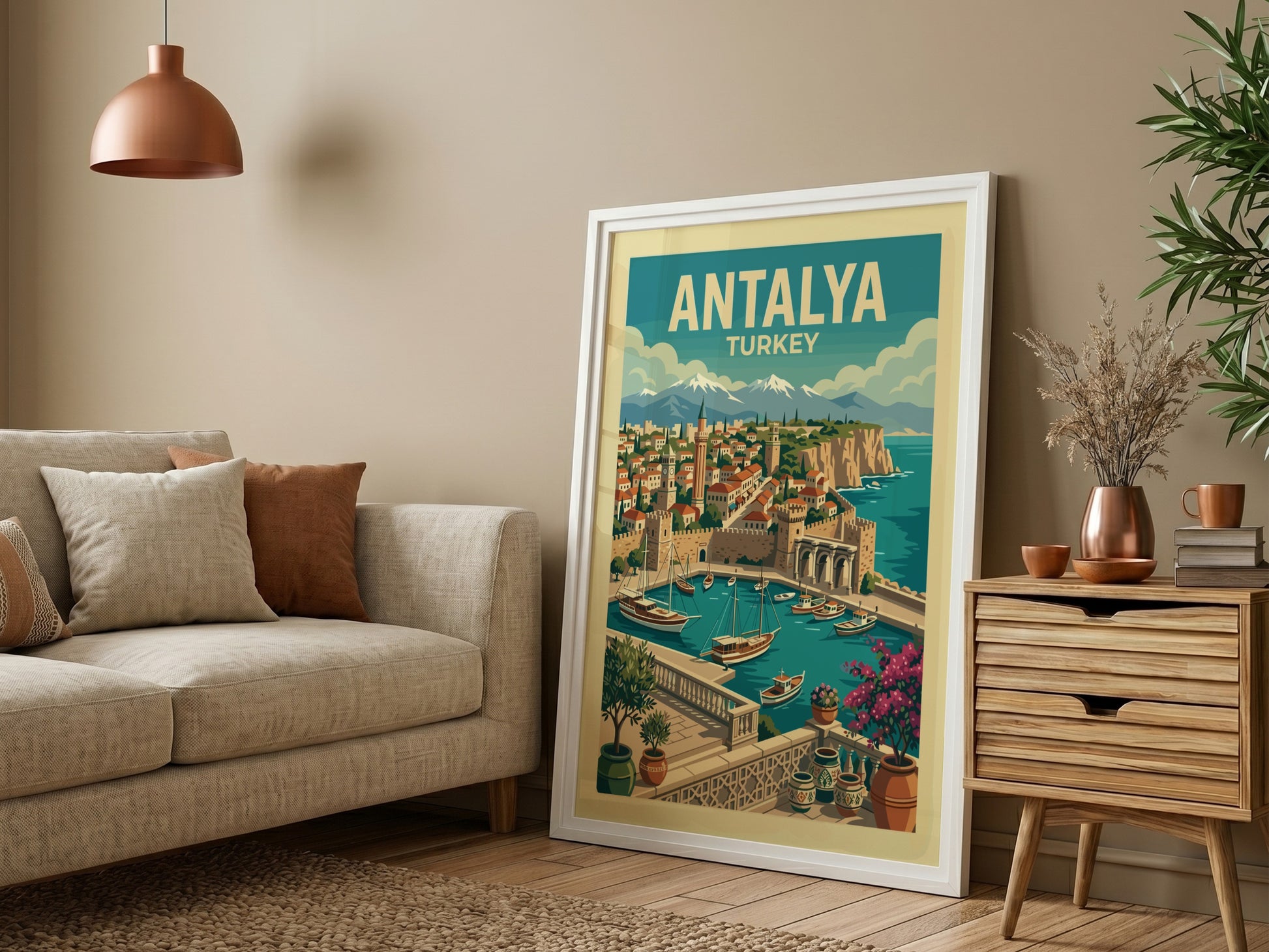 Antalya travel poster featuring a vintage illustration of the city's harbor and coastline.