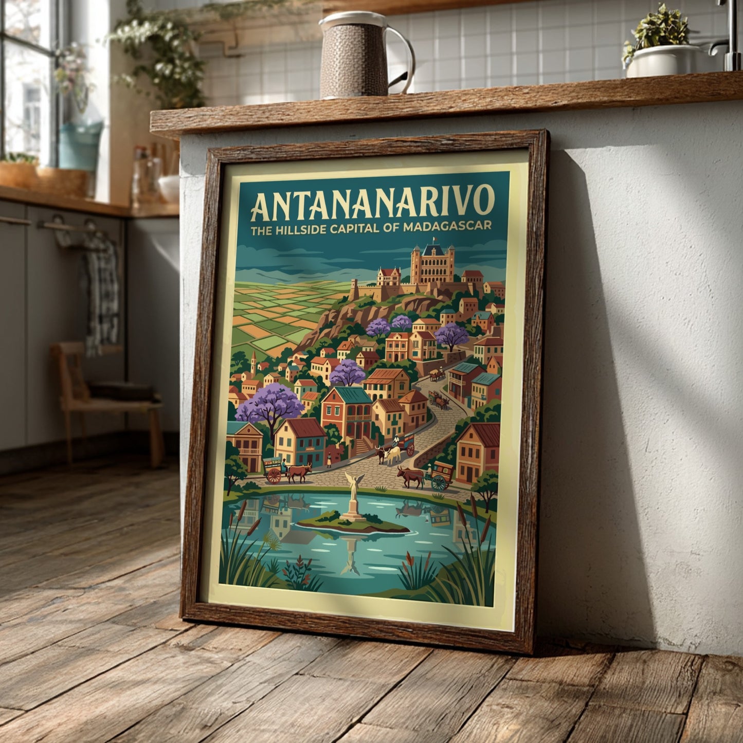 Travel poster of Antananarivo featuring hillside buildings, purple trees, and a central pond.