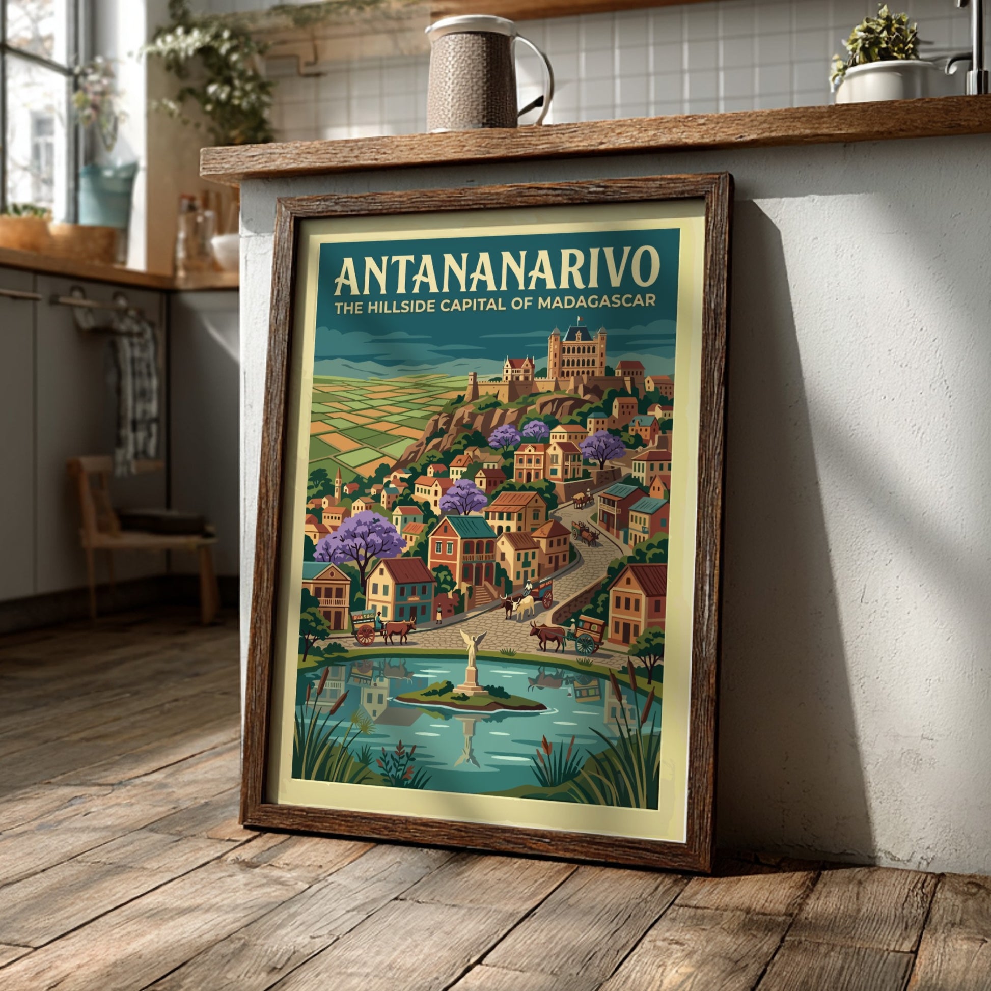 Travel poster of Antananarivo featuring hillside buildings, purple trees, and a central pond.