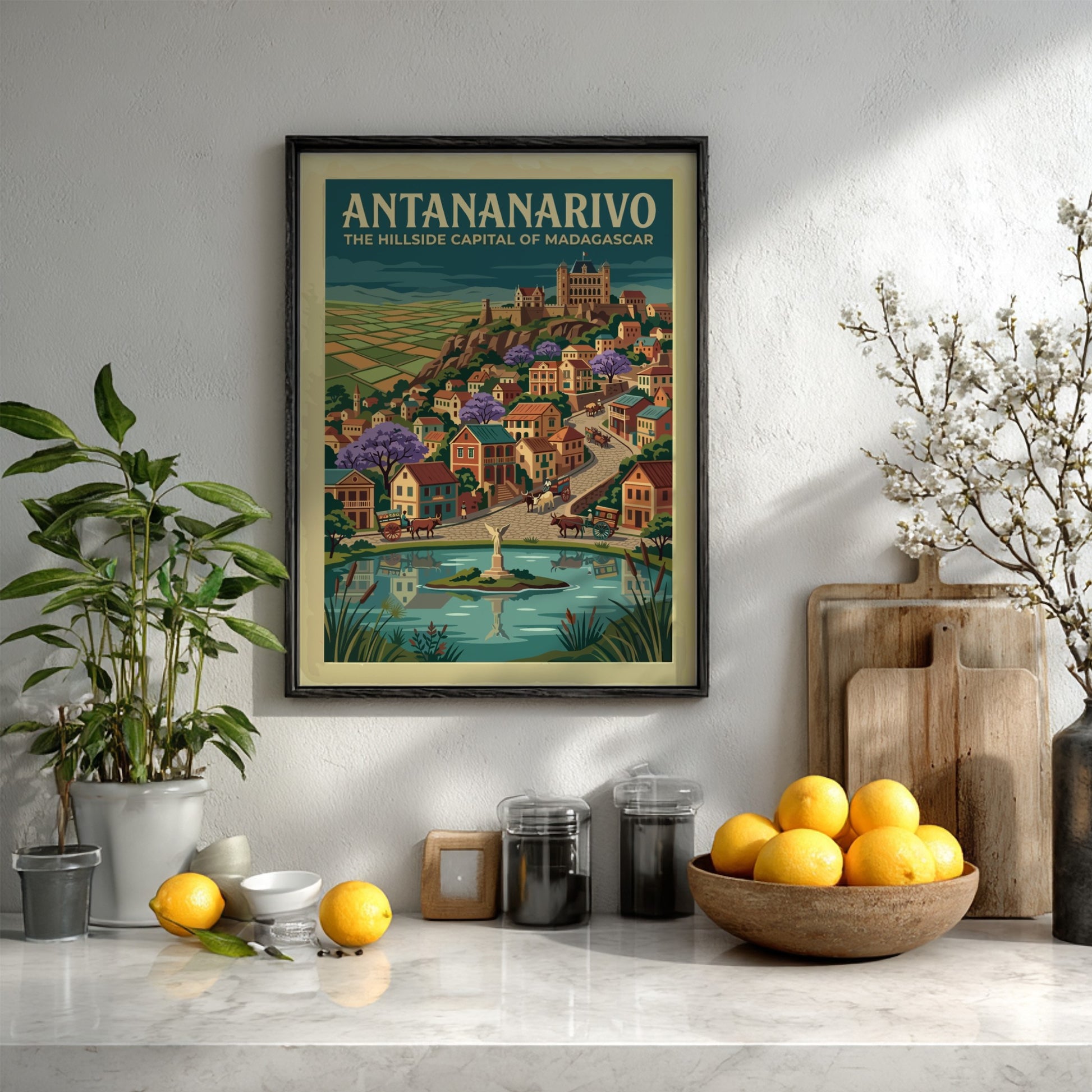 Travel poster of Antananarivo featuring hillside buildings, purple trees, and a central pond.