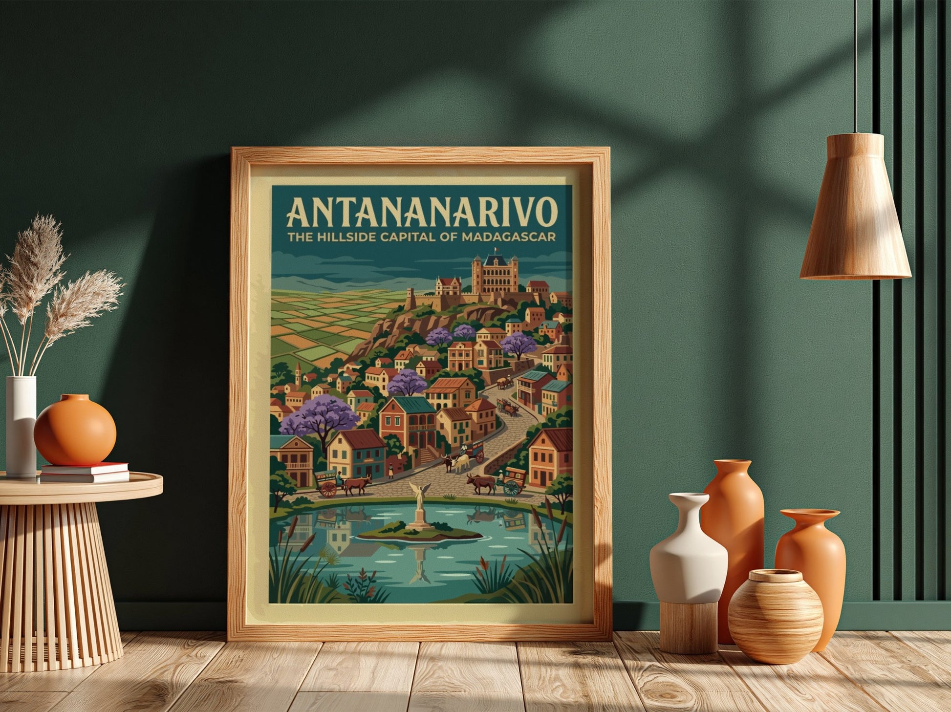 Travel poster of Antananarivo featuring hillside buildings, purple trees, and a central pond.