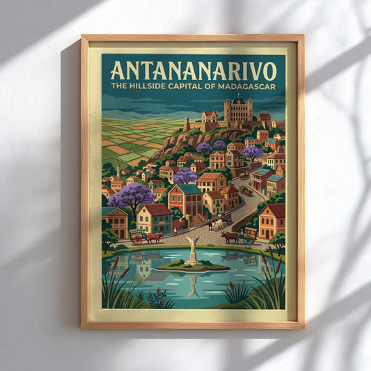 Travel poster of Antananarivo featuring hillside buildings, purple trees, and a central pond.
