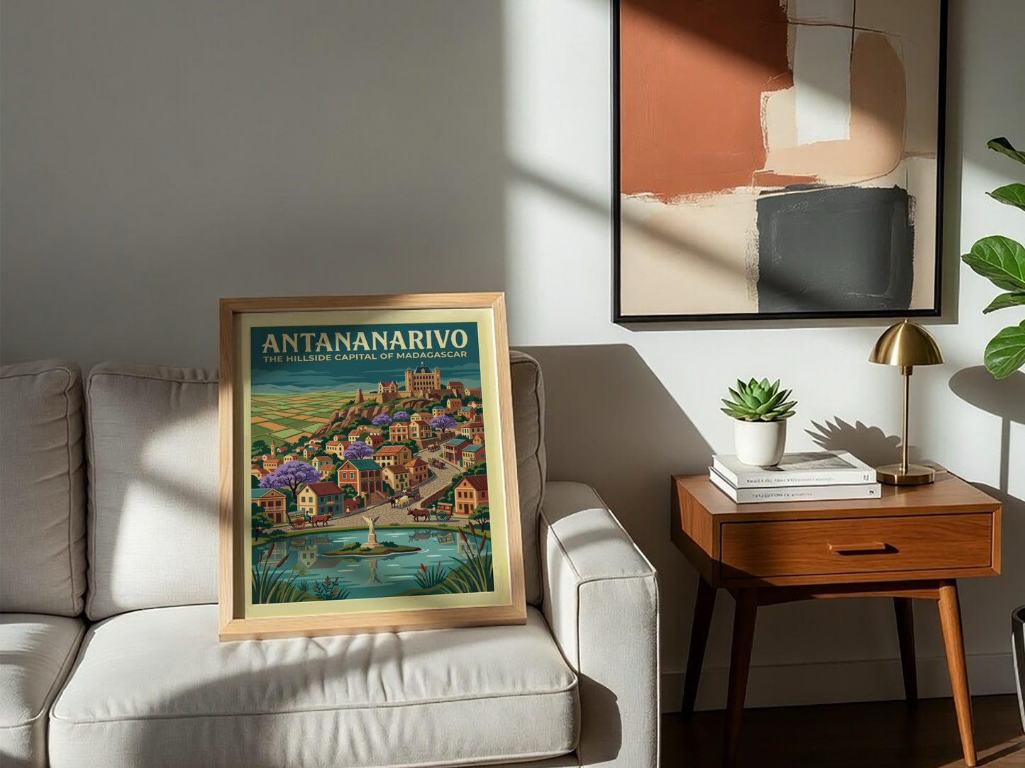 Travel poster of Antananarivo featuring hillside buildings, purple trees, and a central pond.