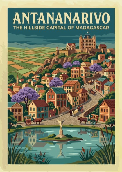 Travel poster of Antananarivo featuring hillside buildings, purple trees, and a central pond.
