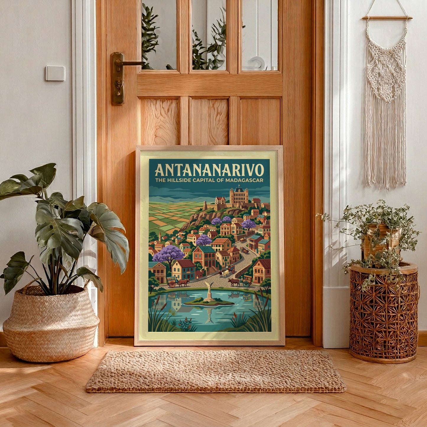Travel poster of Antananarivo featuring hillside buildings, purple trees, and a central pond.