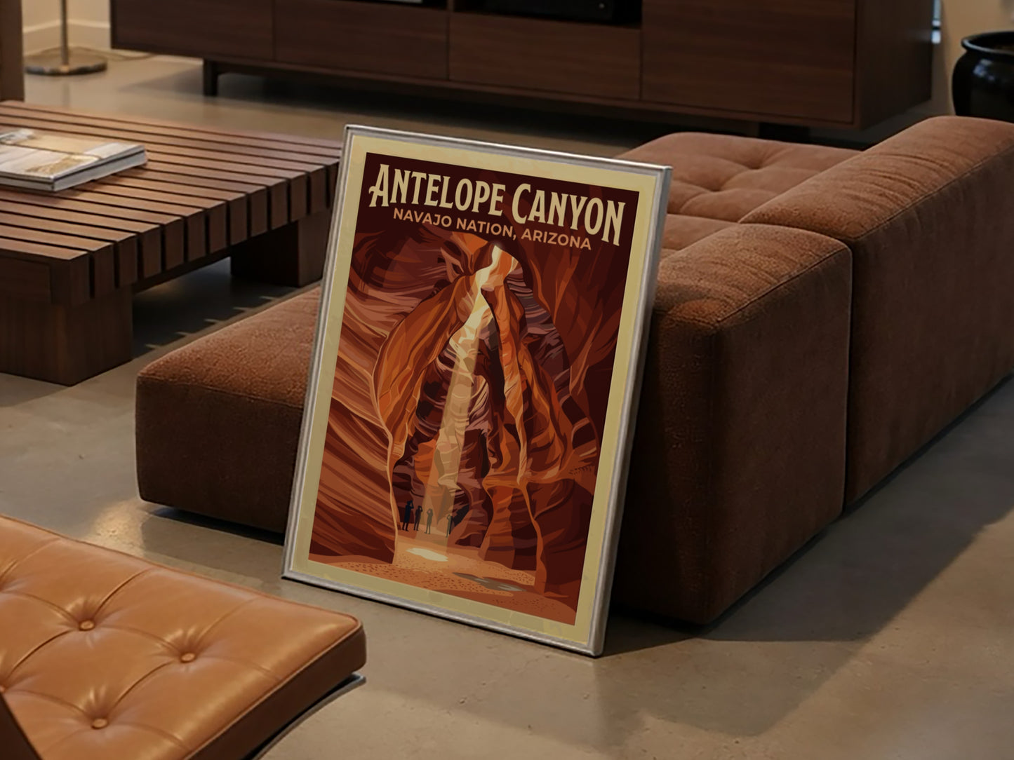Travel poster of Antelope Canyon in Arizona featuring deep orange sandstone slot walls.