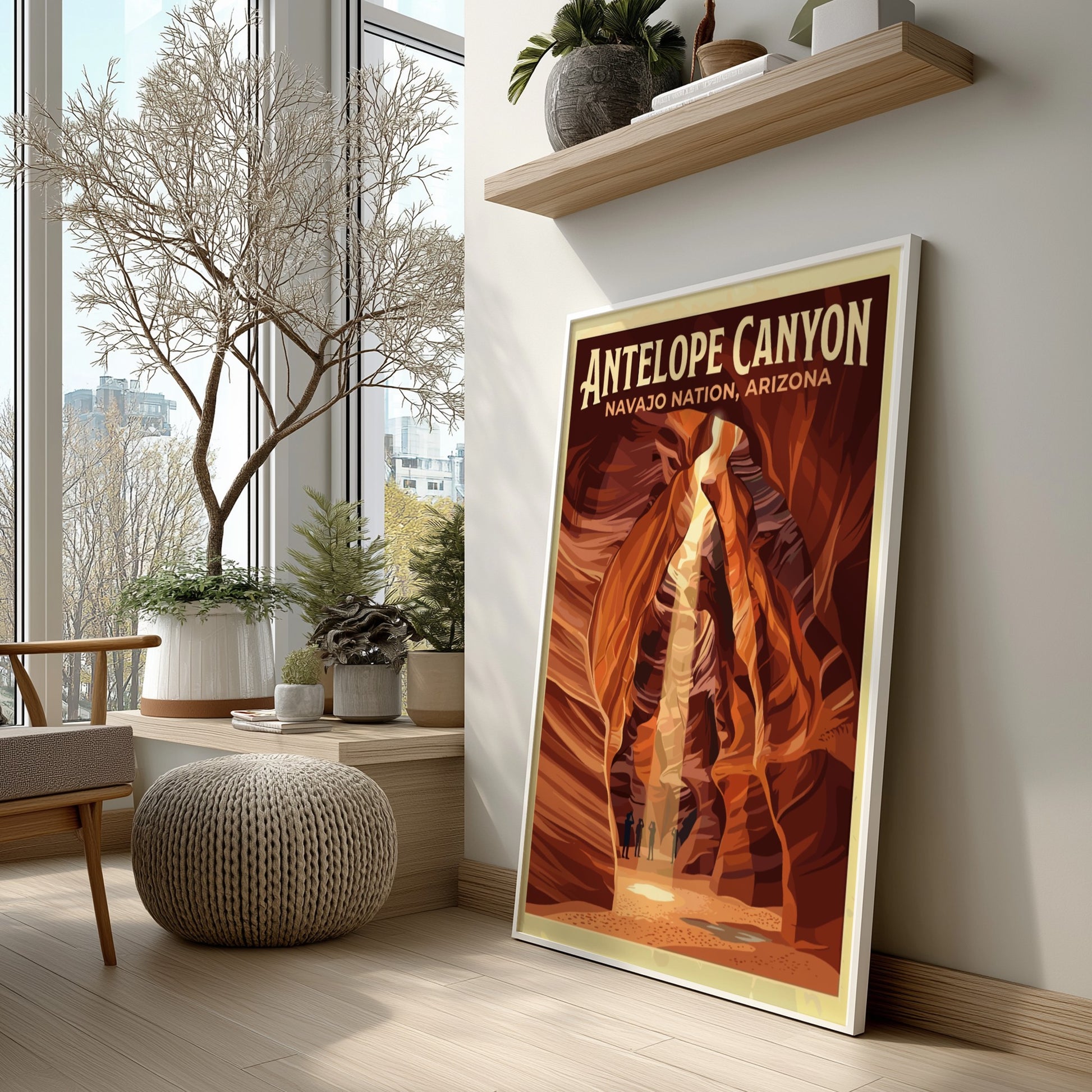 Travel poster of Antelope Canyon in Arizona featuring deep orange sandstone slot walls.