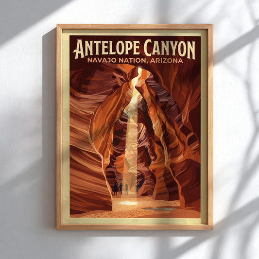 Travel poster of Antelope Canyon in Arizona featuring deep orange sandstone slot walls.