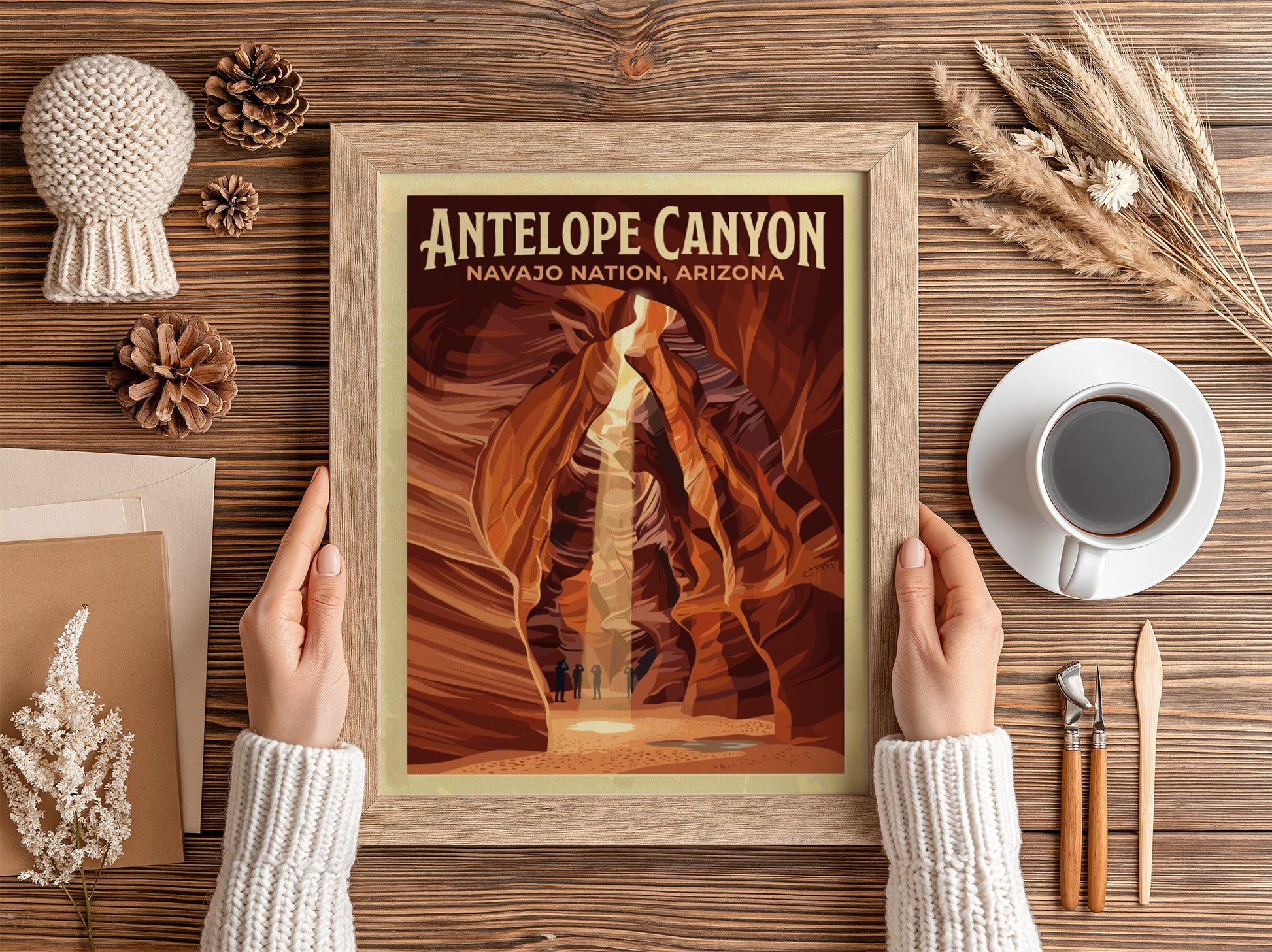 Travel poster of Antelope Canyon in Arizona featuring deep orange sandstone slot walls.
