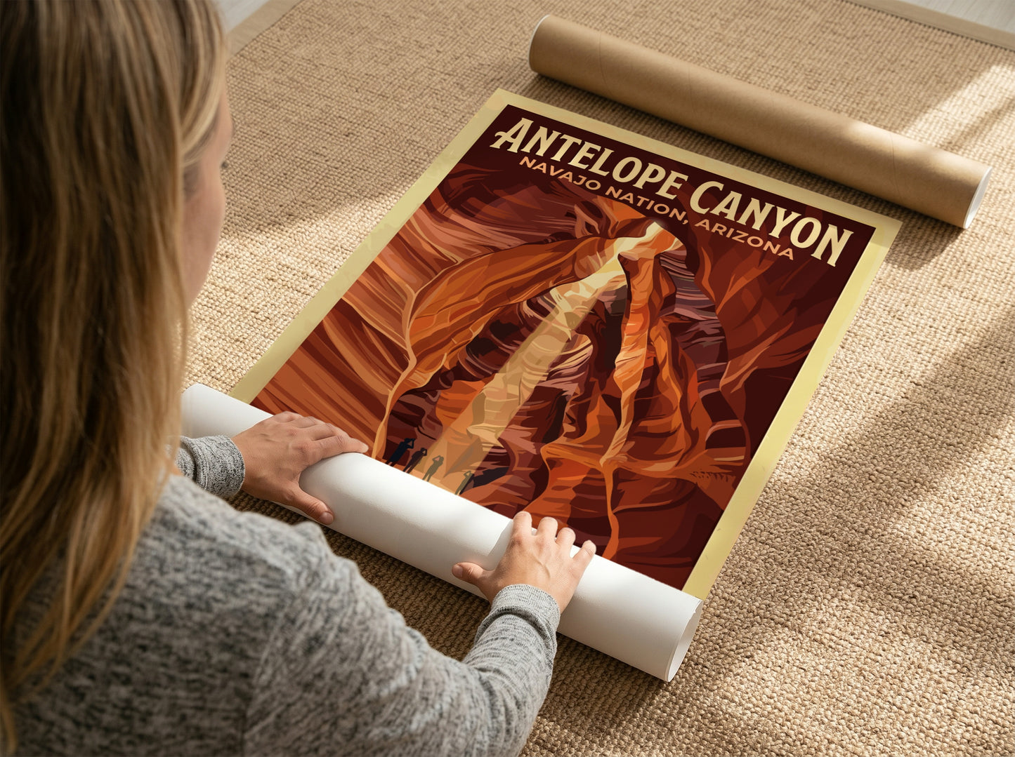 Travel poster of Antelope Canyon in Arizona featuring deep orange sandstone slot walls.