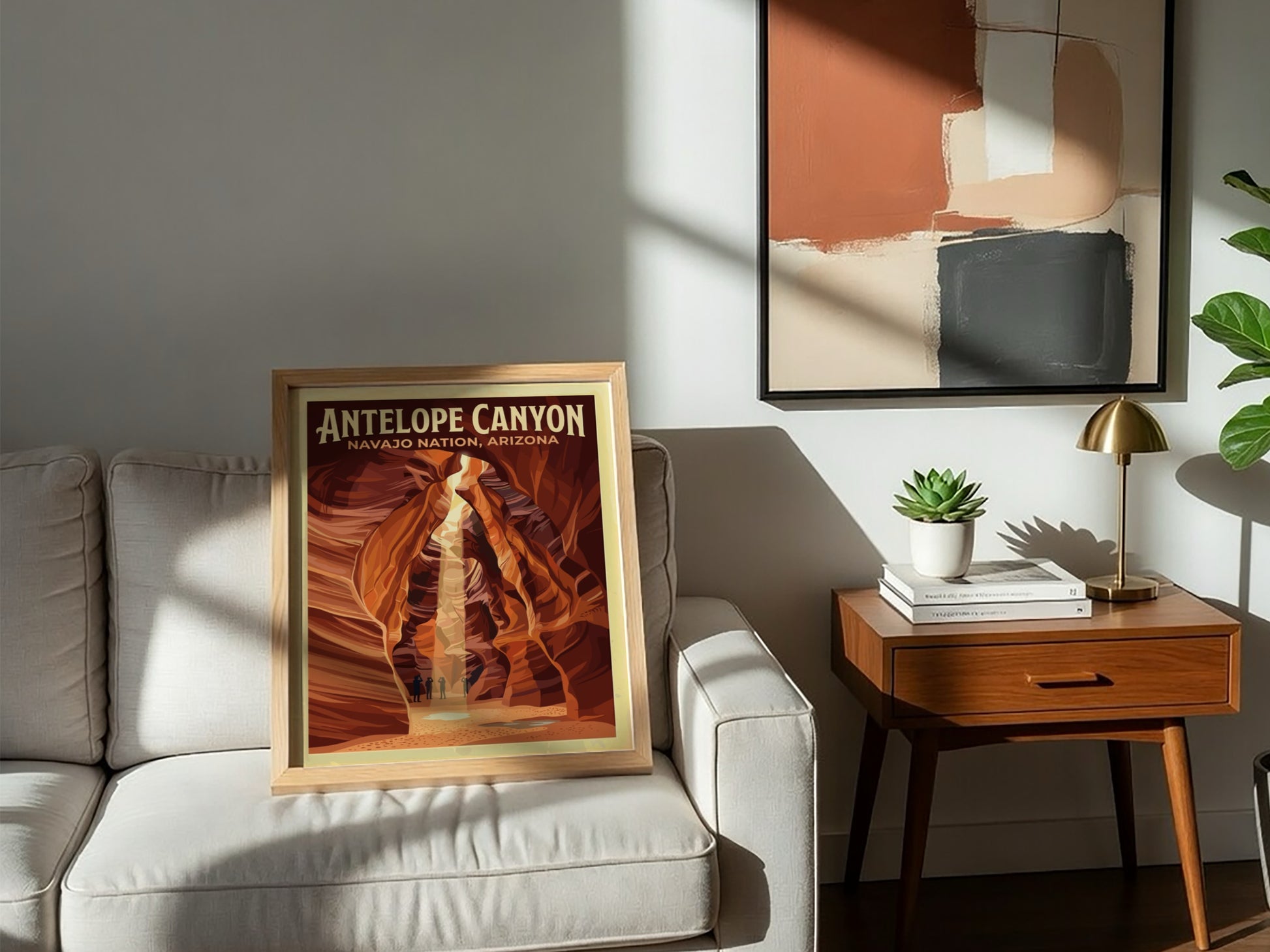 Travel poster of Antelope Canyon in Arizona featuring deep orange sandstone slot walls.