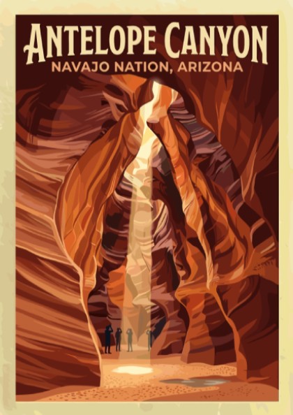 Travel poster of Antelope Canyon in Arizona featuring deep orange sandstone slot walls.