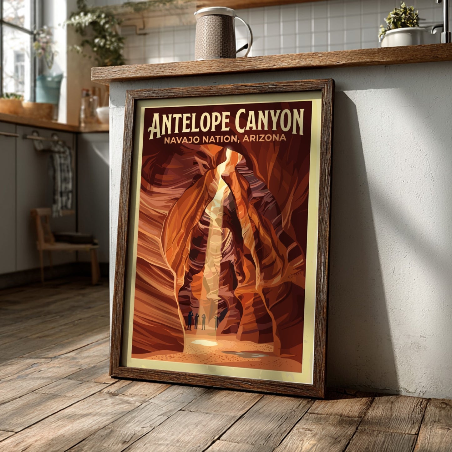 Travel poster of Antelope Canyon in Arizona featuring deep orange sandstone slot walls.