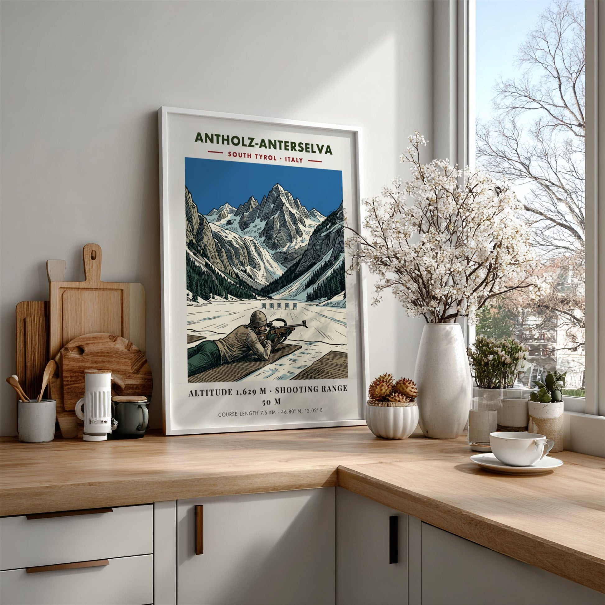 Poster showing a biathlete aiming at a target against a dramatic snowy mountain backdrop.