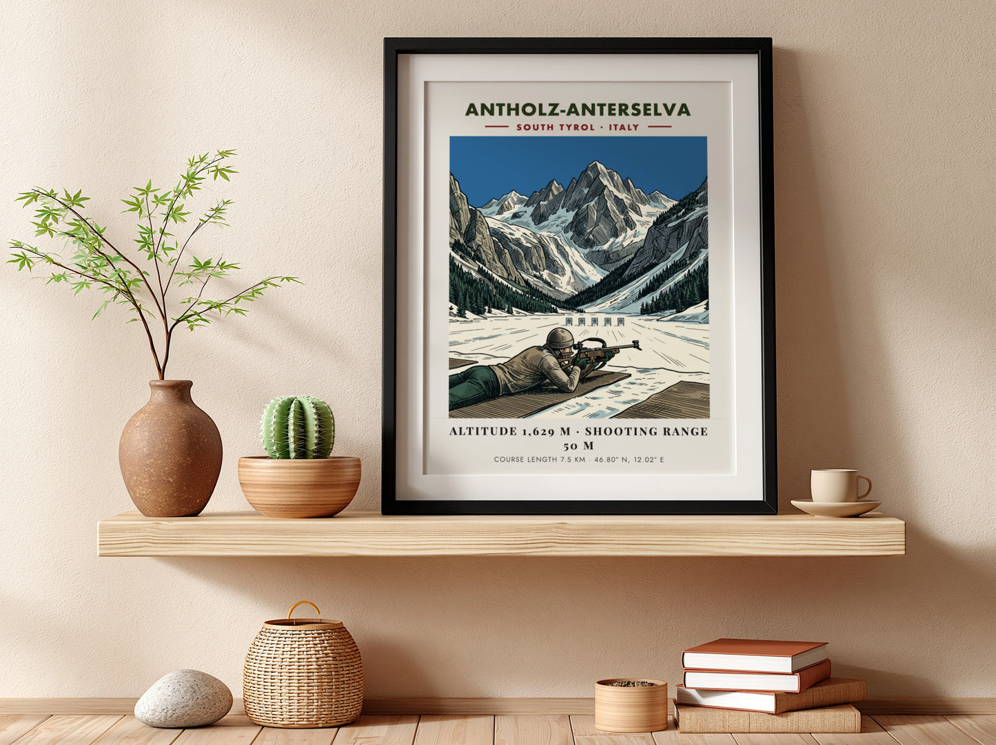 Poster showing a biathlete aiming at a target against a dramatic snowy mountain backdrop.