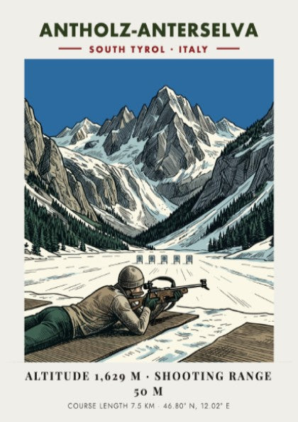 Poster showing a biathlete aiming at a target against a dramatic snowy mountain backdrop.