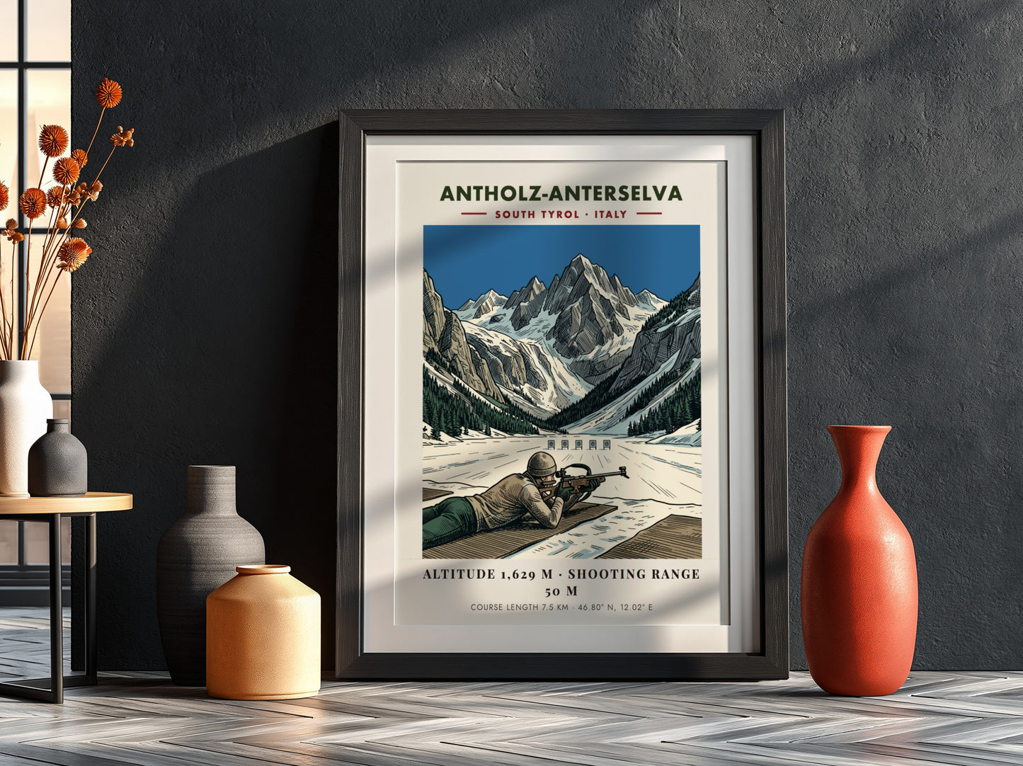 Poster showing a biathlete aiming at a target against a dramatic snowy mountain backdrop.