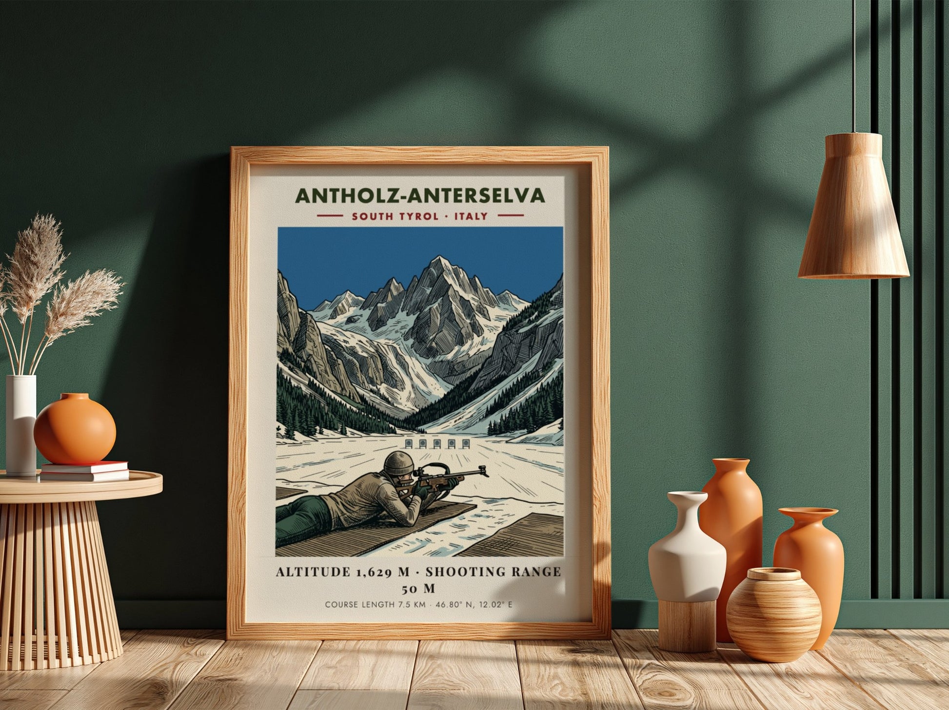 Poster showing a biathlete aiming at a target against a dramatic snowy mountain backdrop.