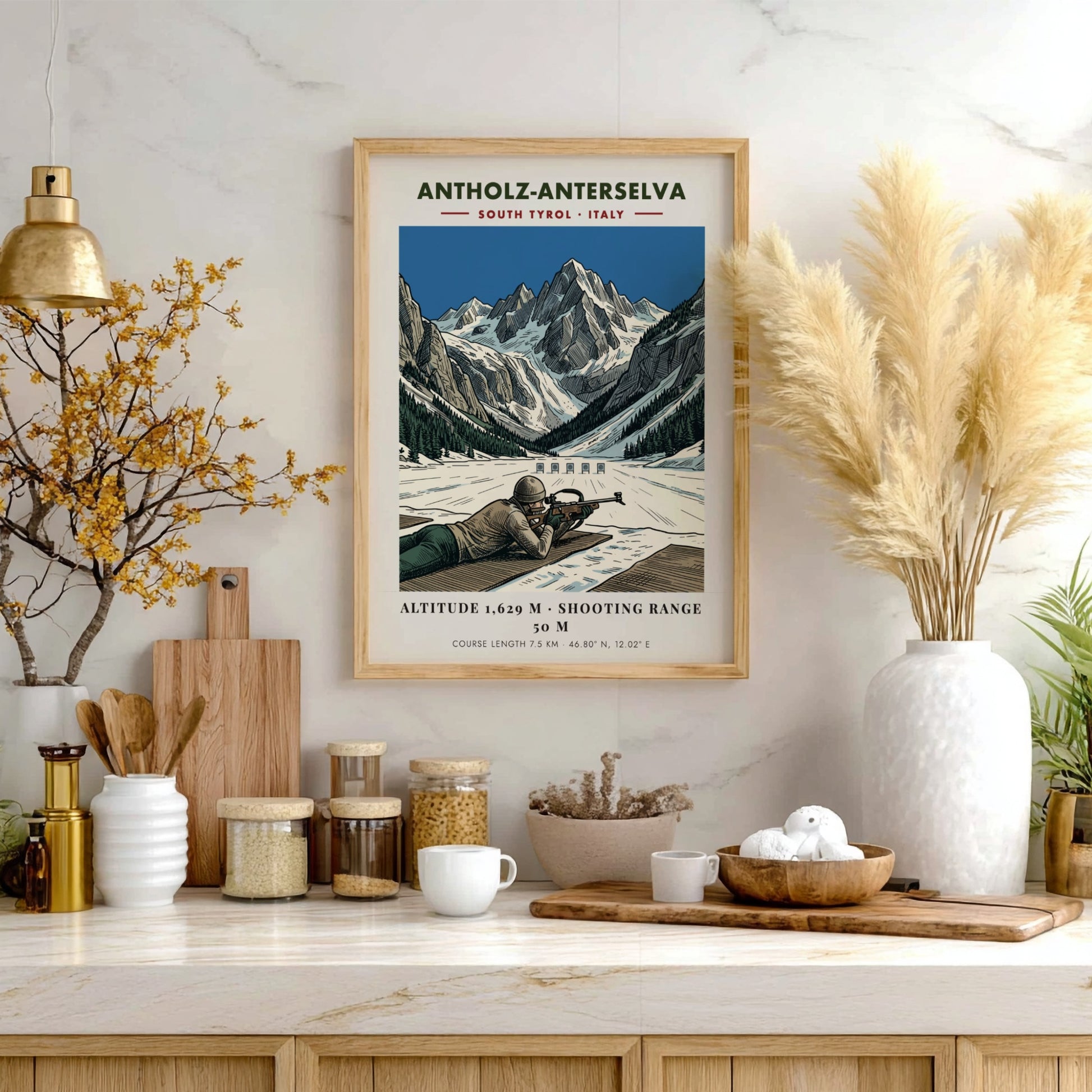 Poster showing a biathlete aiming at a target against a dramatic snowy mountain backdrop.