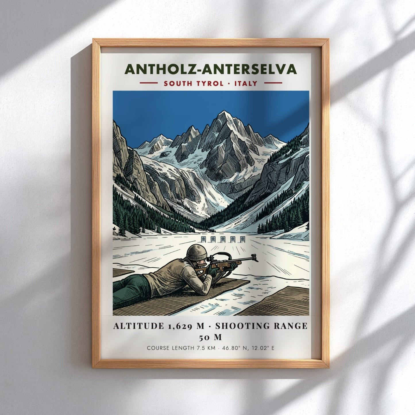 Poster showing a biathlete aiming at a target against a dramatic snowy mountain backdrop.