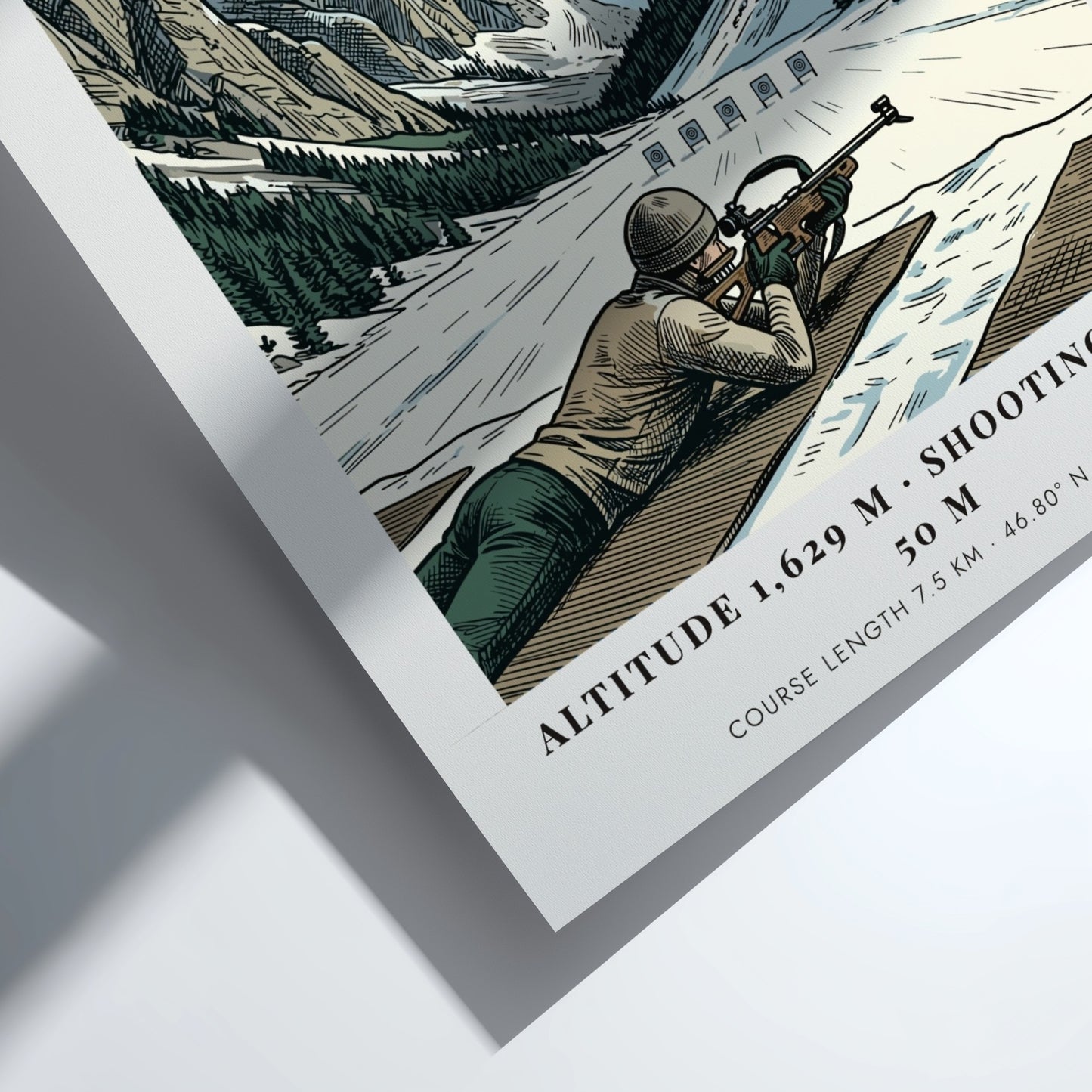 Poster showing a biathlete aiming at a target against a dramatic snowy mountain backdrop.