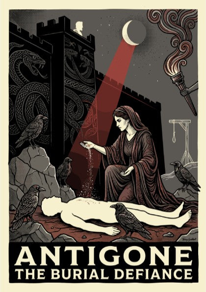 Antigone Greek mythology poster featuring a woman burying a figure, with ravens and a fortress, in a dark,