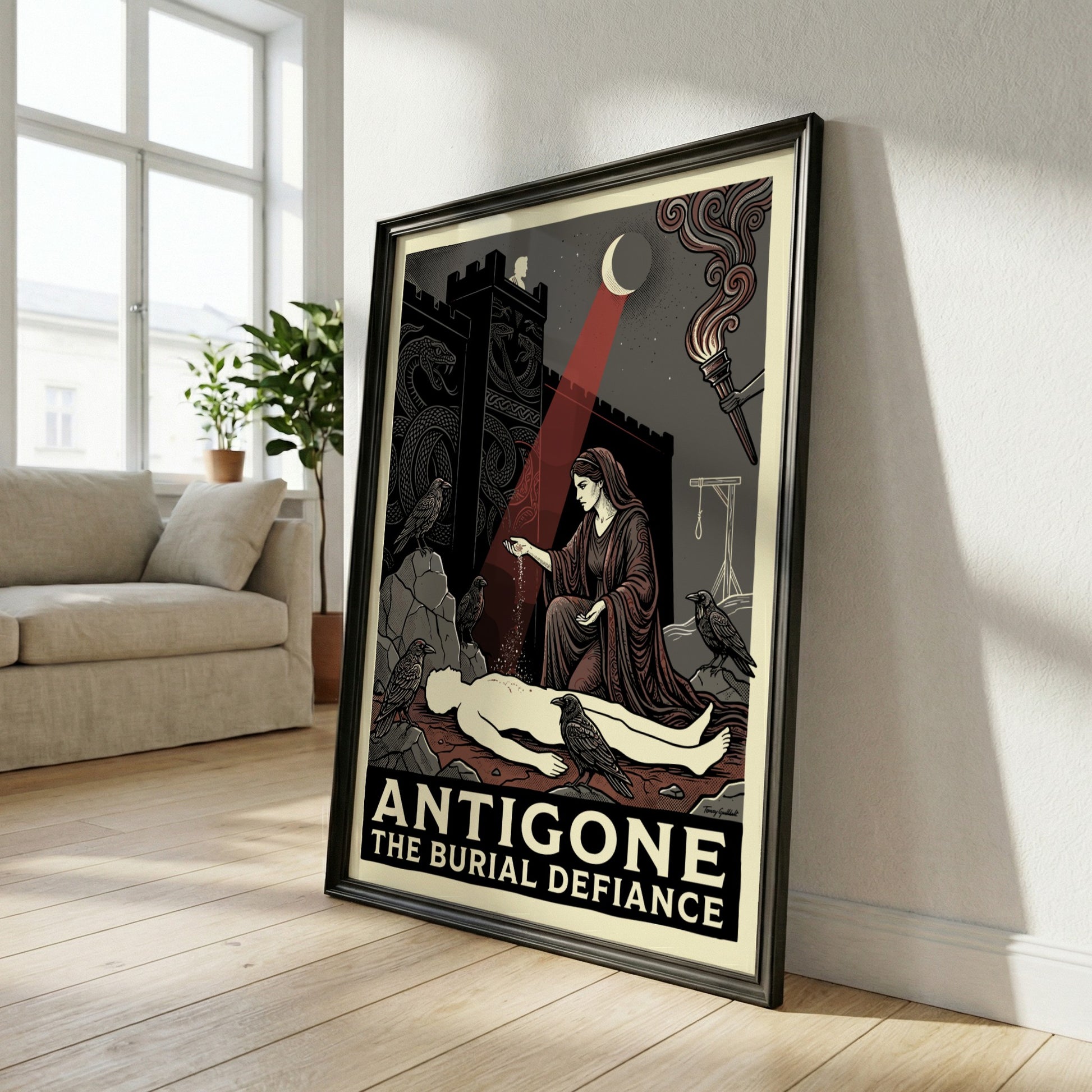 Antigone Greek mythology poster featuring a woman burying a figure, with ravens and a fortress, in a dark,