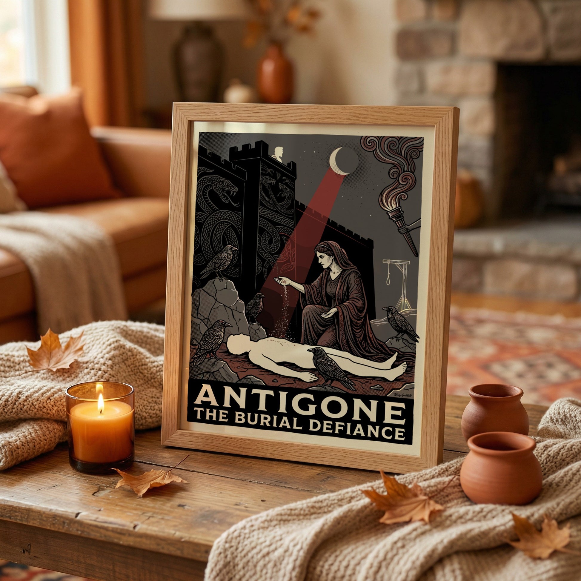 Antigone Greek mythology poster featuring a woman burying a figure, with ravens and a fortress, in a dark,
