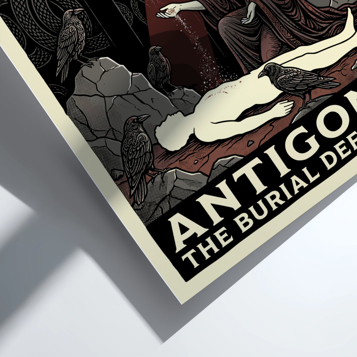 Antigone Greek mythology poster featuring a woman burying a figure, with ravens and a fortress, in a dark,