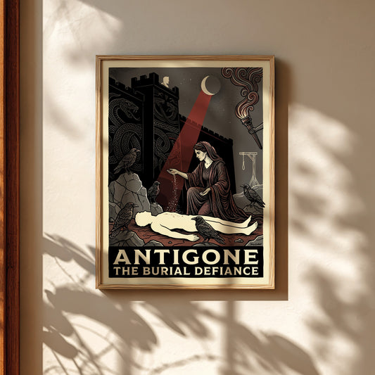 Antigone Greek mythology poster featuring a woman burying a figure, with ravens and a fortress, in a dark,