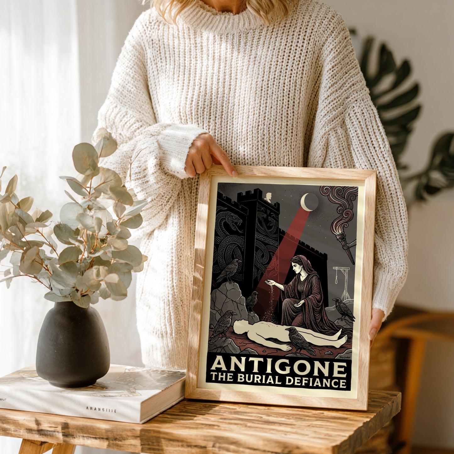 Antigone Greek mythology poster featuring a woman burying a figure, with ravens and a fortress, in a dark,