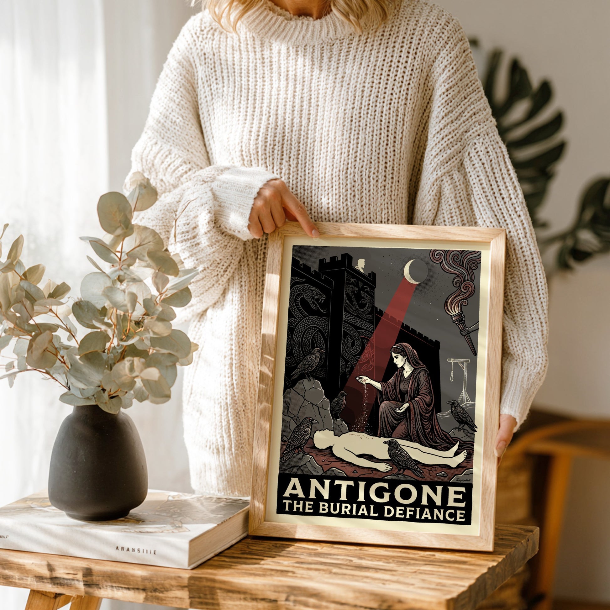 Antigone Greek mythology poster featuring a woman burying a figure, with ravens and a fortress, in a dark,